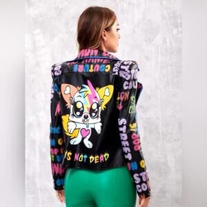 Cartoon And Letter Graphic Moto Jacket